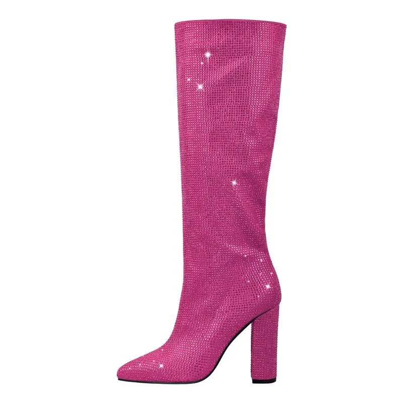 Pointed Toe Rhinestones Bling Square Heels Knee-High Boots