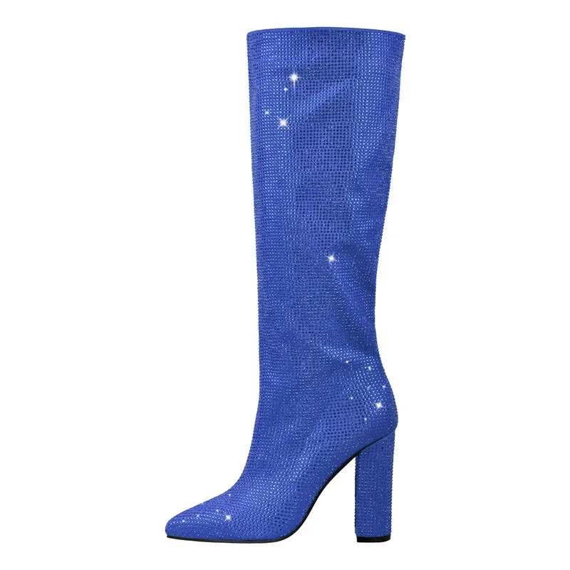 Pointed Toe Rhinestones Bling Square Heels Knee-High Boots