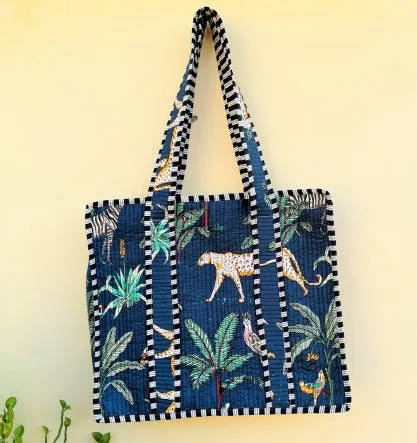 PREORDER Quilted Cotton Tote Bag- Navy Leopard