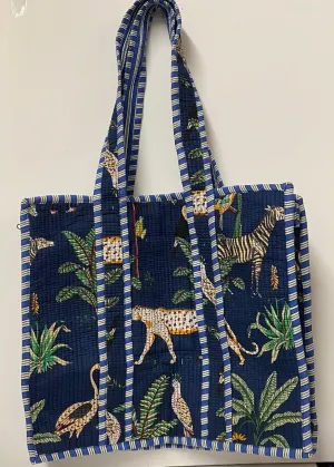 PREORDER Quilted Cotton Tote Bag- Navy Leopard