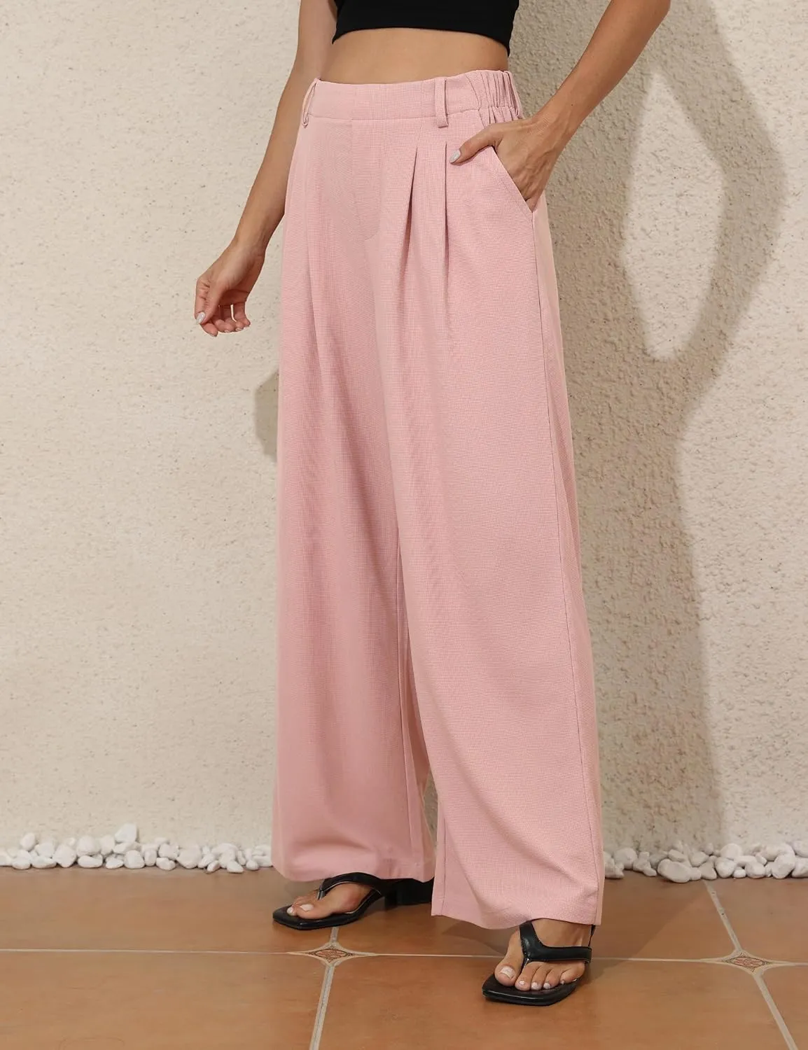 PrettyGuide Women's Wide Leg Dress Pants Elastic High Waisted Waffle Knit Work Pants Casual Palazzo Trousers with Pockets