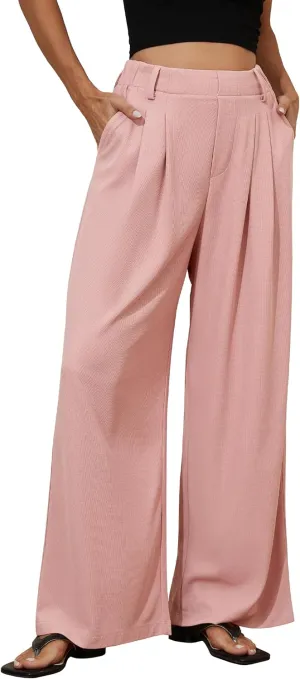 PrettyGuide Women's Wide Leg Dress Pants Elastic High Waisted Waffle Knit Work Pants Casual Palazzo Trousers with Pockets