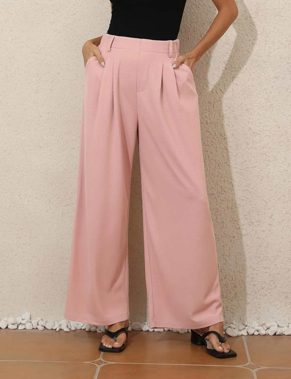 PrettyGuide Women's Wide Leg Dress Pants Elastic High Waisted Waffle Knit Work Pants Casual Palazzo Trousers with Pockets