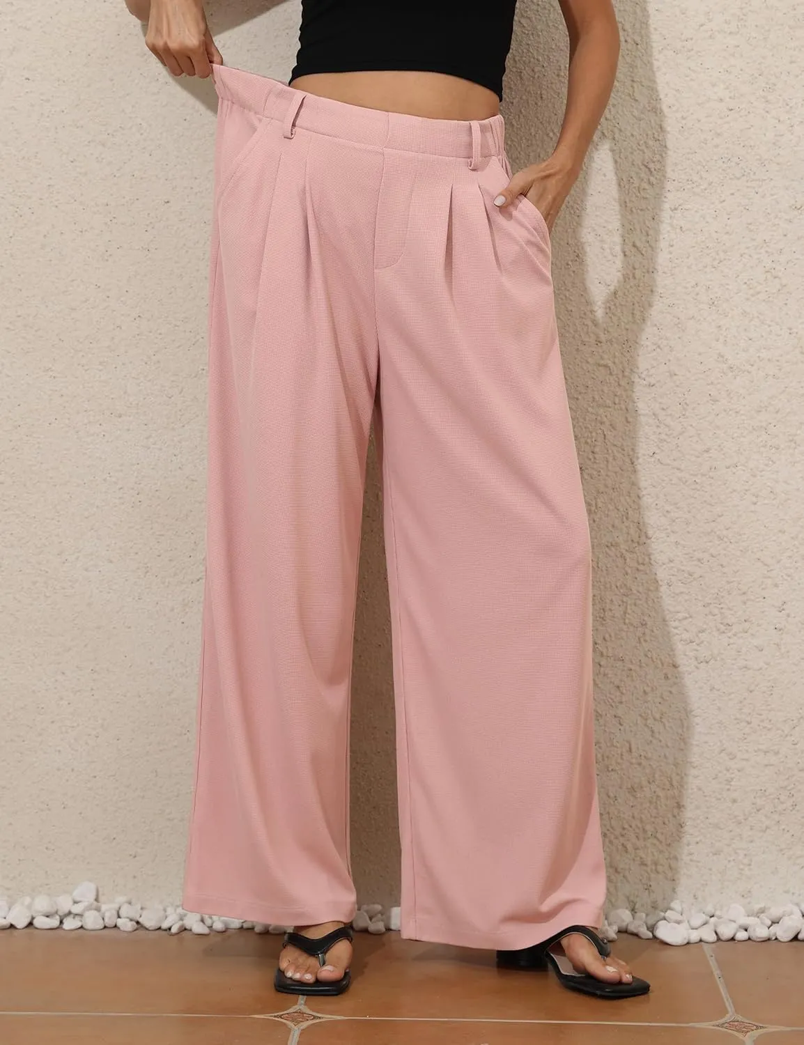 PrettyGuide Women's Wide Leg Dress Pants Elastic High Waisted Waffle Knit Work Pants Casual Palazzo Trousers with Pockets