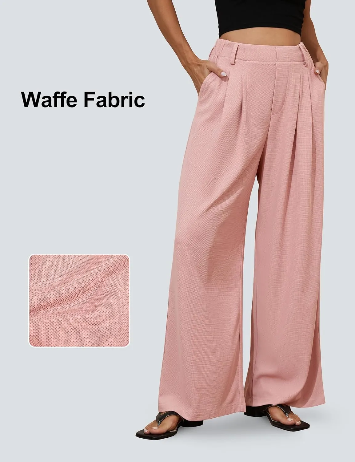 PrettyGuide Women's Wide Leg Dress Pants Elastic High Waisted Waffle Knit Work Pants Casual Palazzo Trousers with Pockets