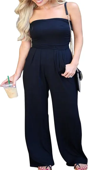 PRIMODA Women's Tube Top Strapless Off Shoulder Loose Wide Leg Jumpsuit Romper with Pockets