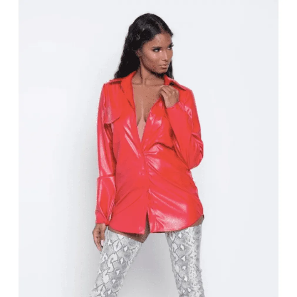 PU leather long sleeve blouse
