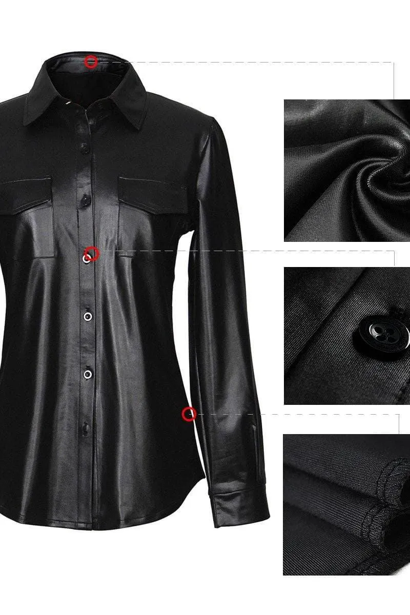 PU leather long sleeve blouse
