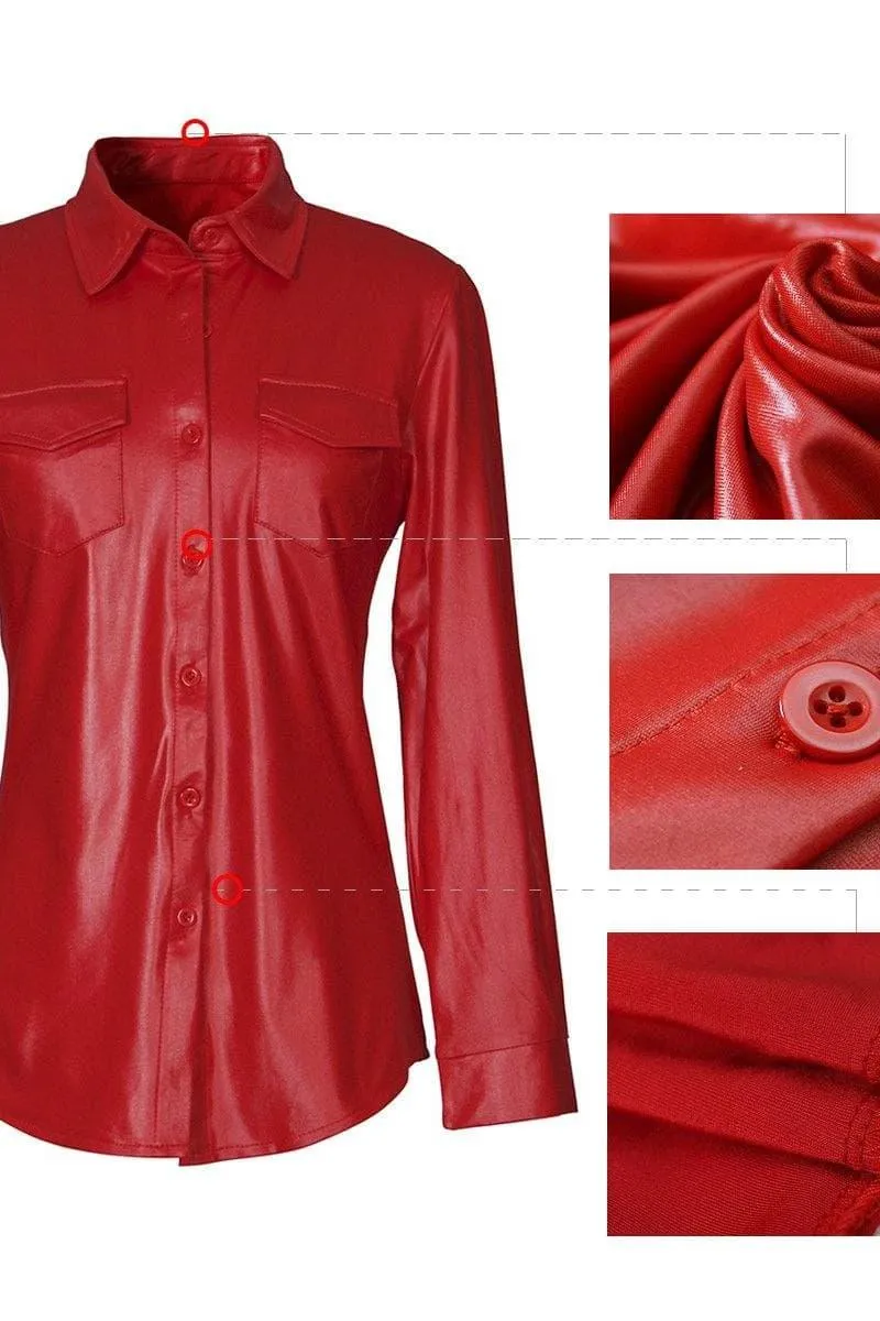 PU leather long sleeve blouse