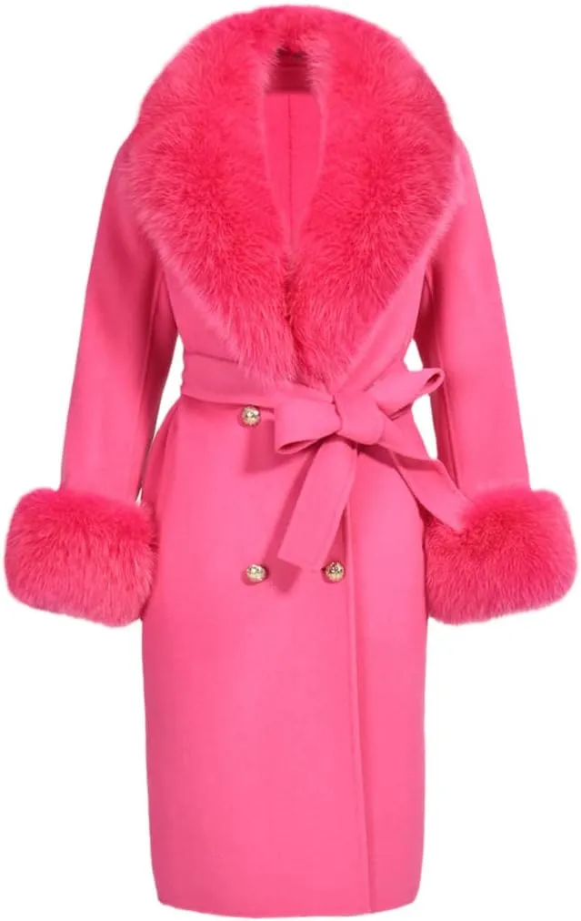Pulcykp Women's Double Sided Cashmere Coat Cuffs Faux Fur Collar Long Slim Fit Cashmere Coat Jacket For Autumn And Winter