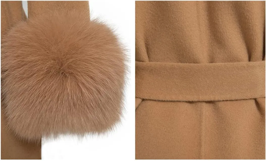 Pulcykp Women's Double Sided Cashmere Coat Cuffs Faux Fur Collar Long Slim Fit Cashmere Coat Jacket For Autumn And Winter