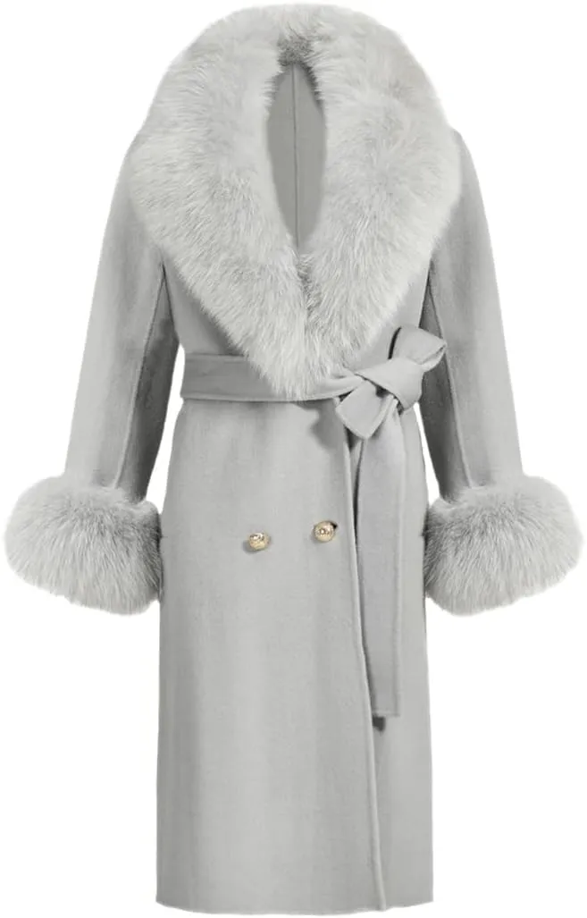 Pulcykp Women's Double Sided Cashmere Coat Cuffs Faux Fur Collar Long Slim Fit Cashmere Coat Jacket For Autumn And Winter