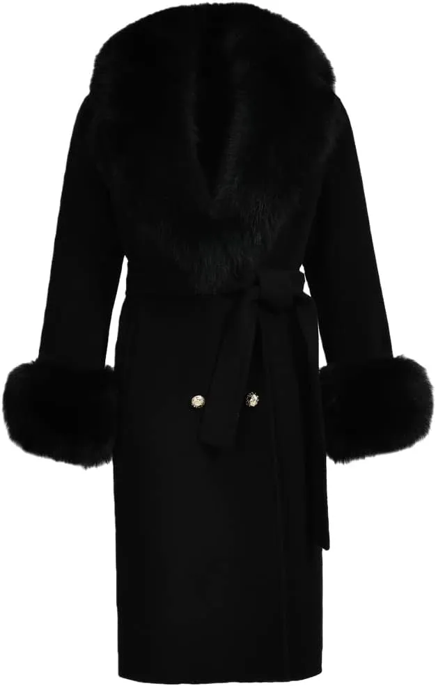 Pulcykp Women's Double Sided Cashmere Coat Cuffs Faux Fur Collar Long Slim Fit Cashmere Coat Jacket For Autumn And Winter