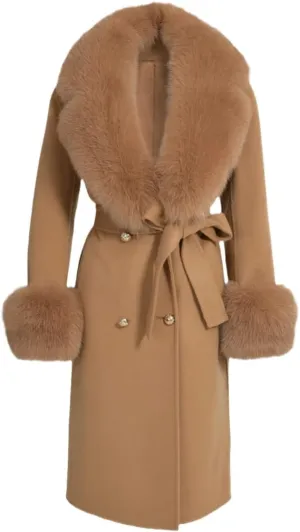 Pulcykp Women's Double Sided Cashmere Coat Cuffs Faux Fur Collar Long Slim Fit Cashmere Coat Jacket For Autumn And Winter