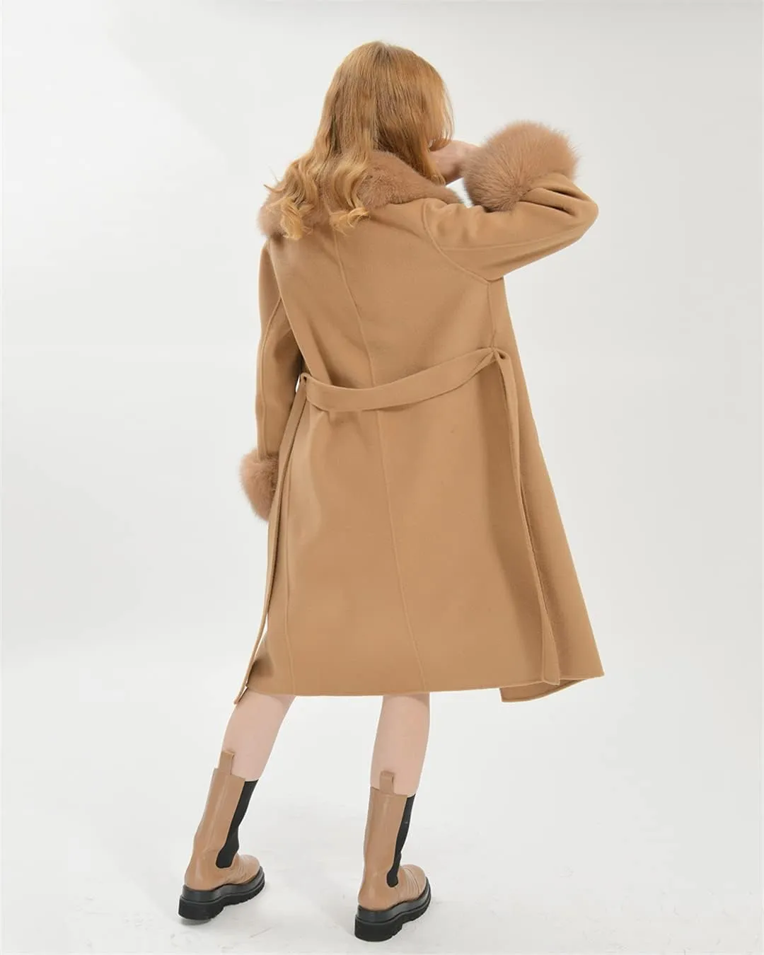Pulcykp Women's Double Sided Cashmere Coat Cuffs Faux Fur Collar Long Slim Fit Cashmere Coat Jacket For Autumn And Winter