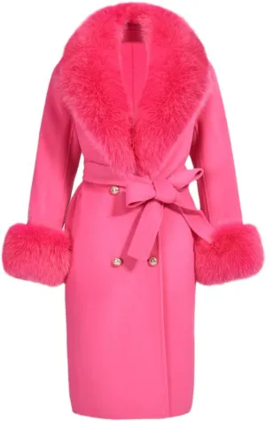 Pulcykp Women's Double Sided Cashmere Coat Cuffs Faux Fur Collar Long Slim Fit Cashmere Coat Jacket For Autumn And Winter