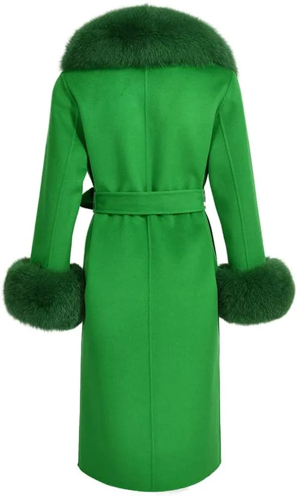 Pulcykp Women's Double Sided Cashmere Coat Cuffs Faux Fur Collar Long Slim Fit Cashmere Coat Jacket For Autumn And Winter