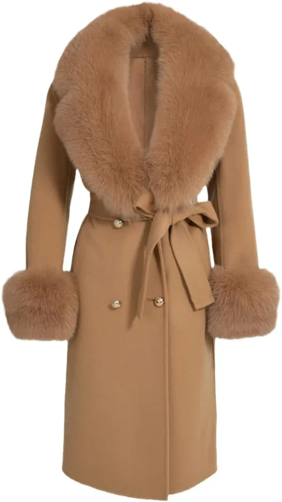 Pulcykp Women's Double Sided Cashmere Coat Cuffs Faux Fur Collar Long Slim Fit Cashmere Coat Jacket For Autumn And Winter