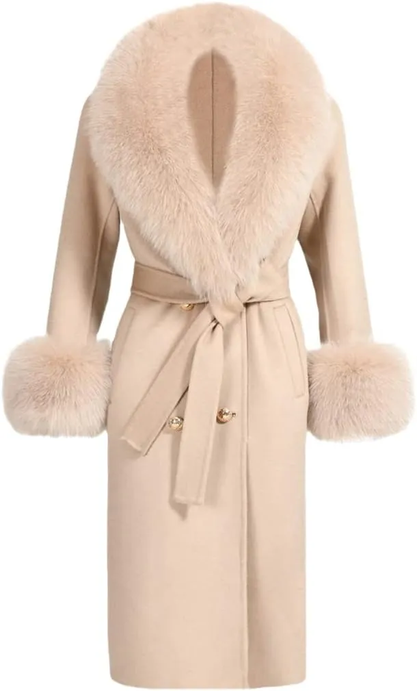 Pulcykp Women's Double Sided Cashmere Coat Cuffs Faux Fur Collar Long Slim Fit Cashmere Coat Jacket For Autumn And Winter