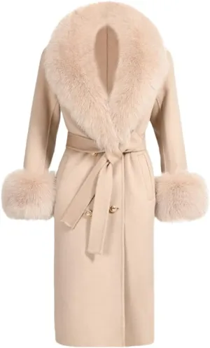 Pulcykp Women's Double Sided Cashmere Coat Cuffs Faux Fur Collar Long Slim Fit Cashmere Coat Jacket For Autumn And Winter