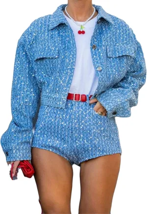 Qikaka Women's 2 PCS Sequins Denim Jackets Shirts Bodycon Shorts Sexy Nightclub Party Tracksuit Outfits Set