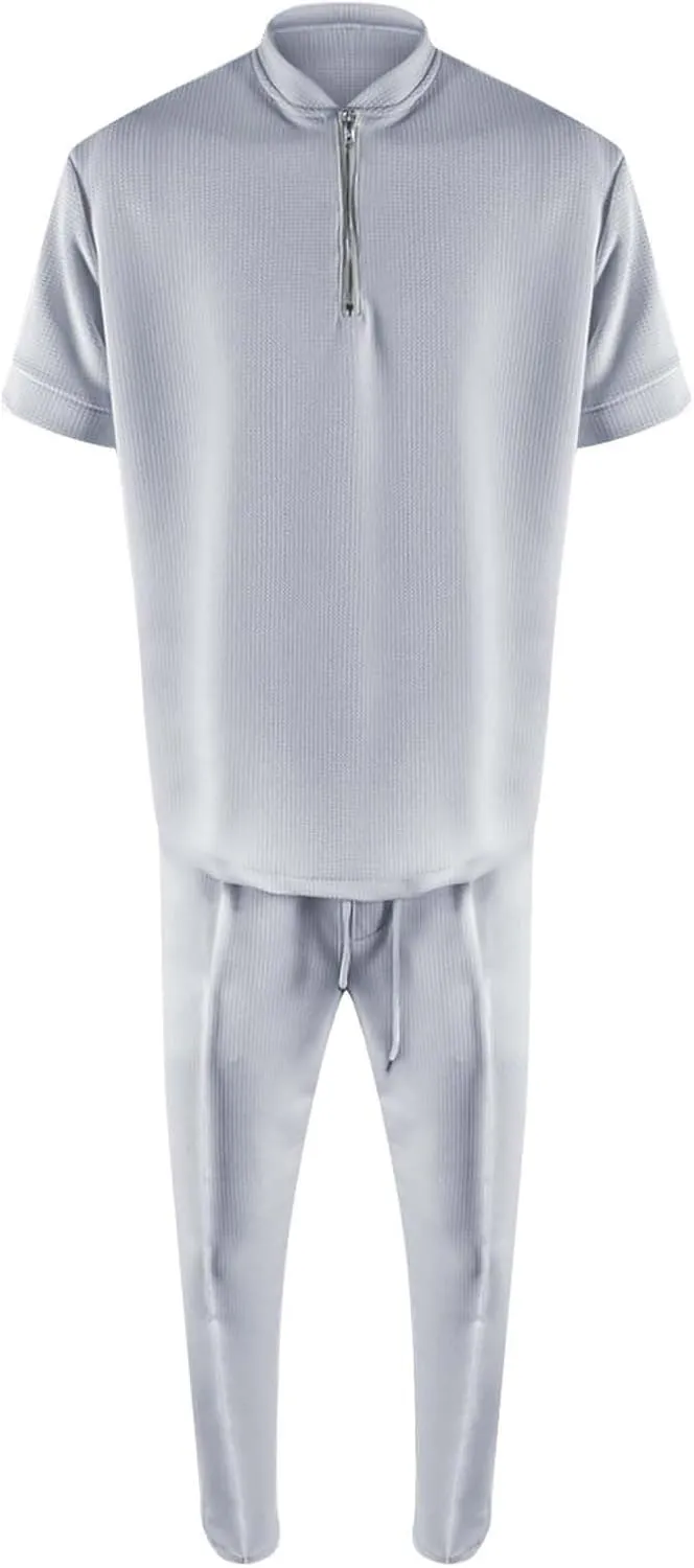 Resort Wear Linen Sets for Men Short Sleeve Quarter Zip Casual Shirts and Drawstrings Long Pants Baggy Beach Yoga Outfits