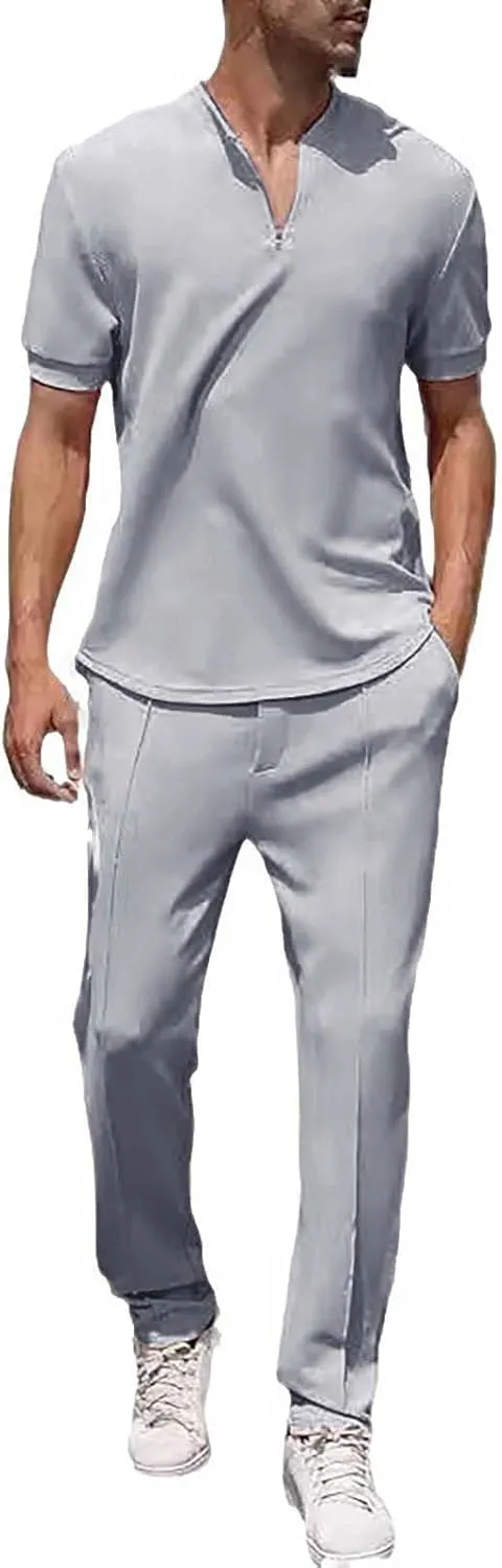 Resort Wear Linen Sets for Men Short Sleeve Quarter Zip Casual Shirts and Drawstrings Long Pants Baggy Beach Yoga Outfits