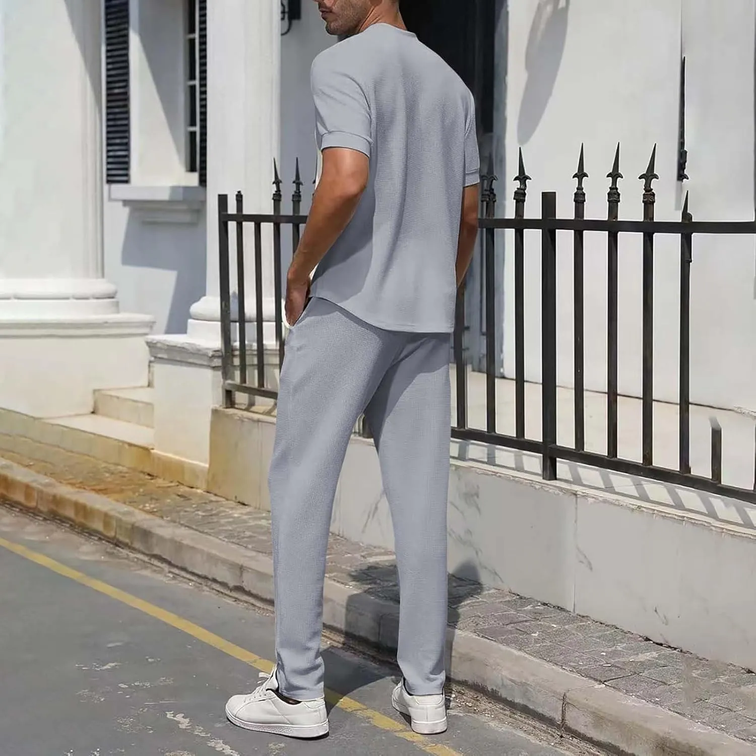 Resort Wear Linen Sets for Men Short Sleeve Quarter Zip Casual Shirts and Drawstrings Long Pants Baggy Beach Yoga Outfits