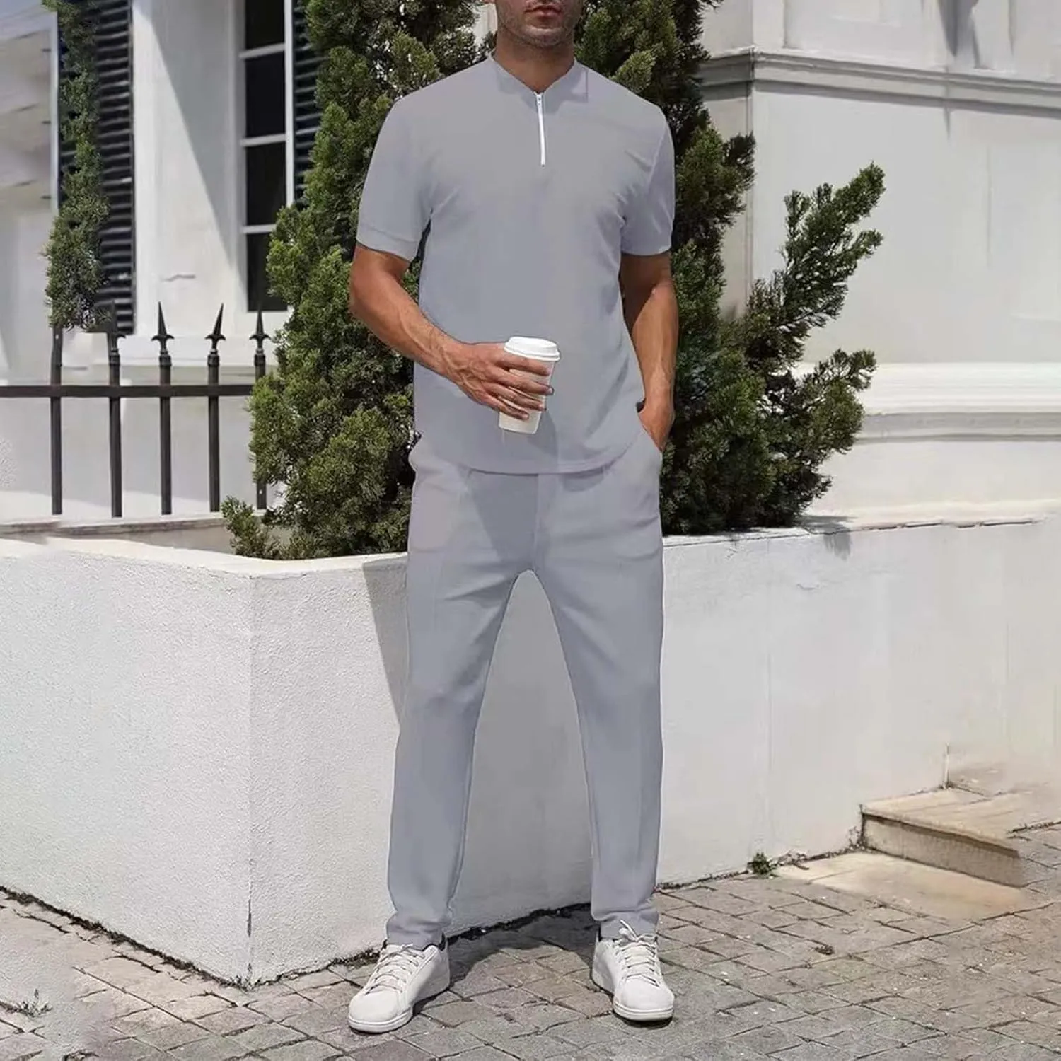 Resort Wear Linen Sets for Men Short Sleeve Quarter Zip Casual Shirts and Drawstrings Long Pants Baggy Beach Yoga Outfits