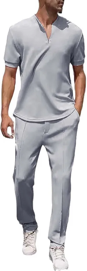 Resort Wear Linen Sets for Men Short Sleeve Quarter Zip Casual Shirts and Drawstrings Long Pants Baggy Beach Yoga Outfits