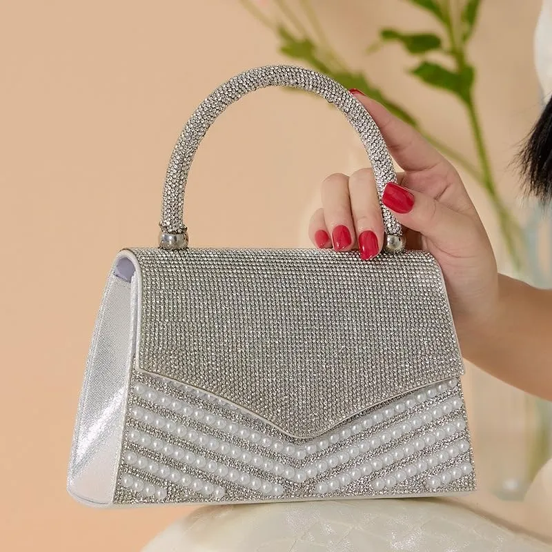 Rhinestone Pearl Clutch Purse for Women Sparkle Purse Top Handle Evening Clutch Bag Crystal Wedding Bridal Clutch (Silver)
