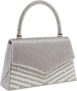 Rhinestone Pearl Clutch Purse for Women Sparkle Purse Top Handle Evening Clutch Bag Crystal Wedding Bridal Clutch (Silver)