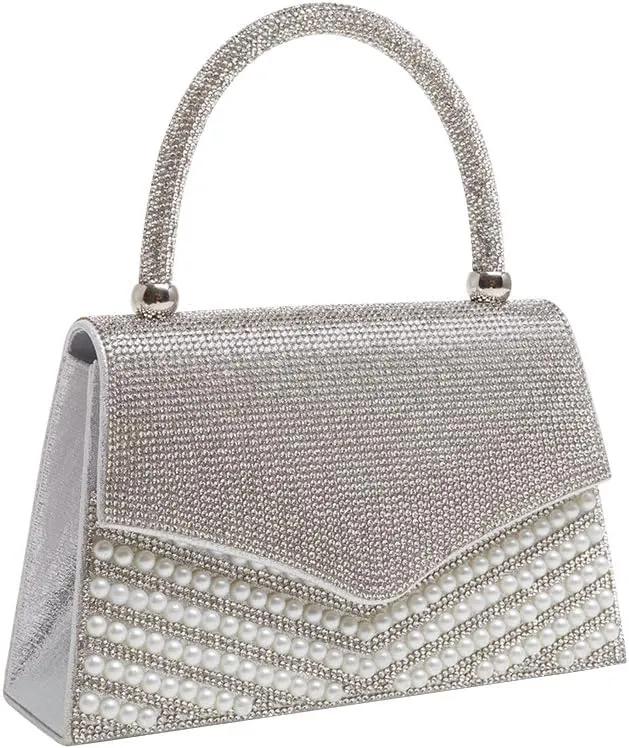 Rhinestone Pearl Clutch Purse for Women Sparkle Purse Top Handle Evening Clutch Bag Crystal Wedding Bridal Clutch (Silver)