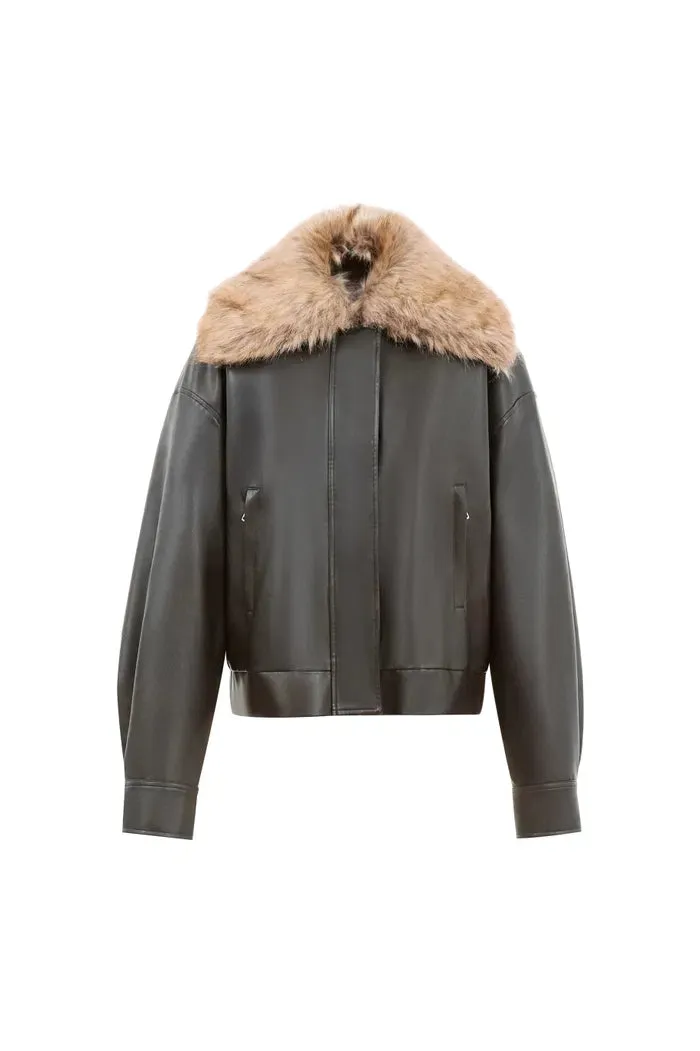 Ria Removable Quilted Lining Jacket in Vegan Leather with Faux Fur