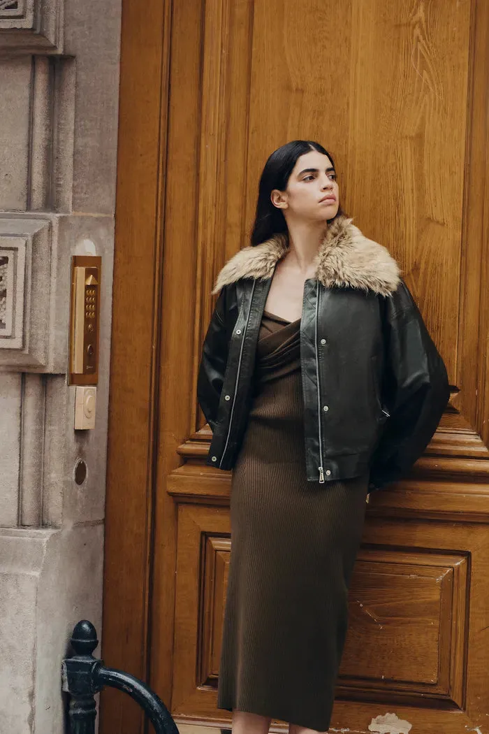 Ria Removable Quilted Lining Jacket in Vegan Leather with Faux Fur