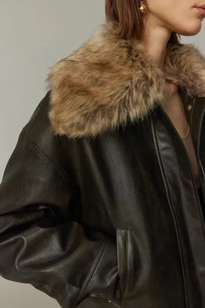 Ria Removable Quilted Lining Jacket in Vegan Leather with Faux Fur