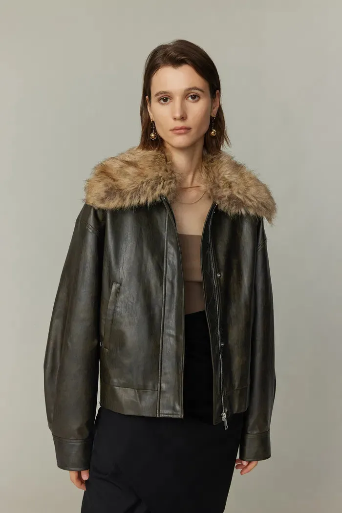 Ria Removable Quilted Lining Jacket in Vegan Leather with Faux Fur