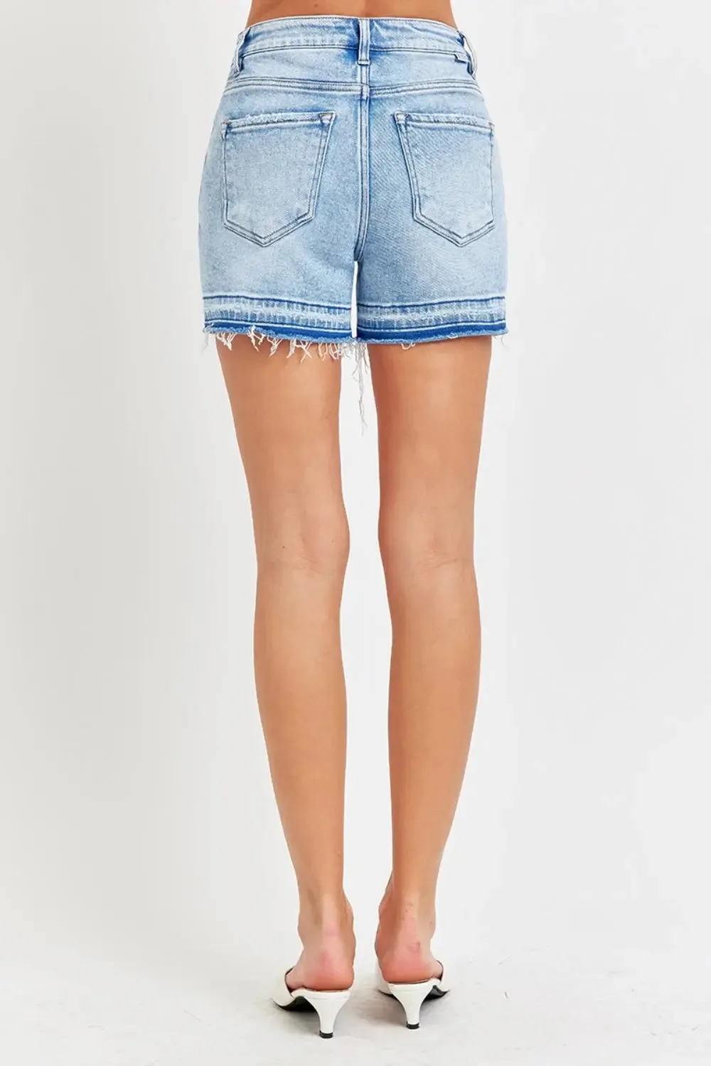 RISEN High Rise Distressed Hem Denim Shorts
