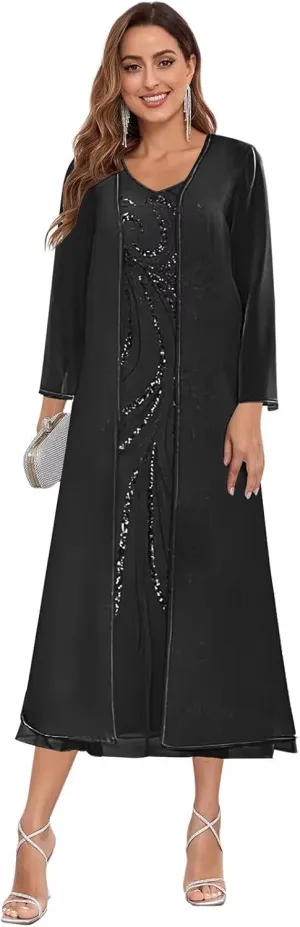 Sequin Chiffon Mother of The Bride Dresses with Jackets for Wedding Tea Length Dresses for Women Formal