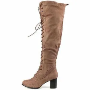Sexy Taupe Lace Up Knee High Faux Suede Dress Boots