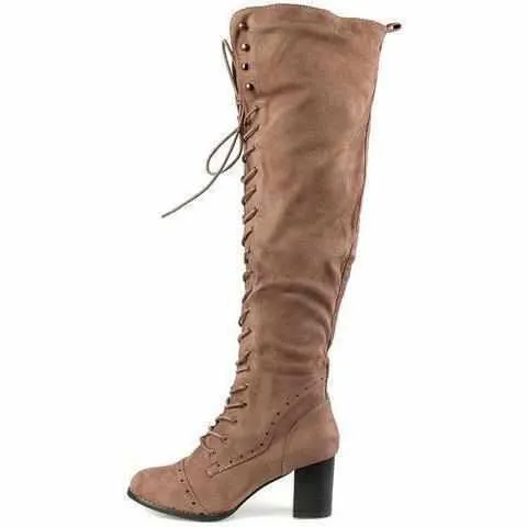 Sexy Taupe Lace Up Knee High Faux Suede Dress Boots