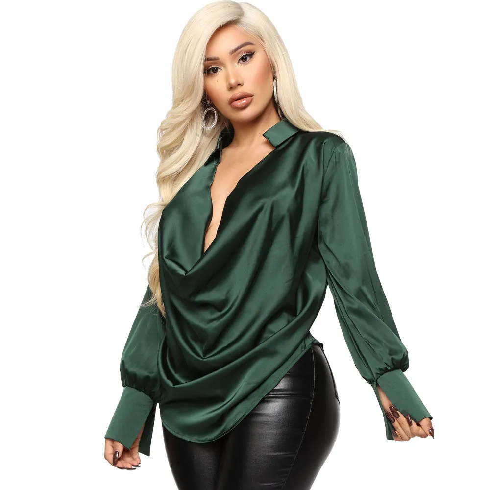 Shannon  Langarm Satin Oberteil mit tiefem V-Ausschnitt