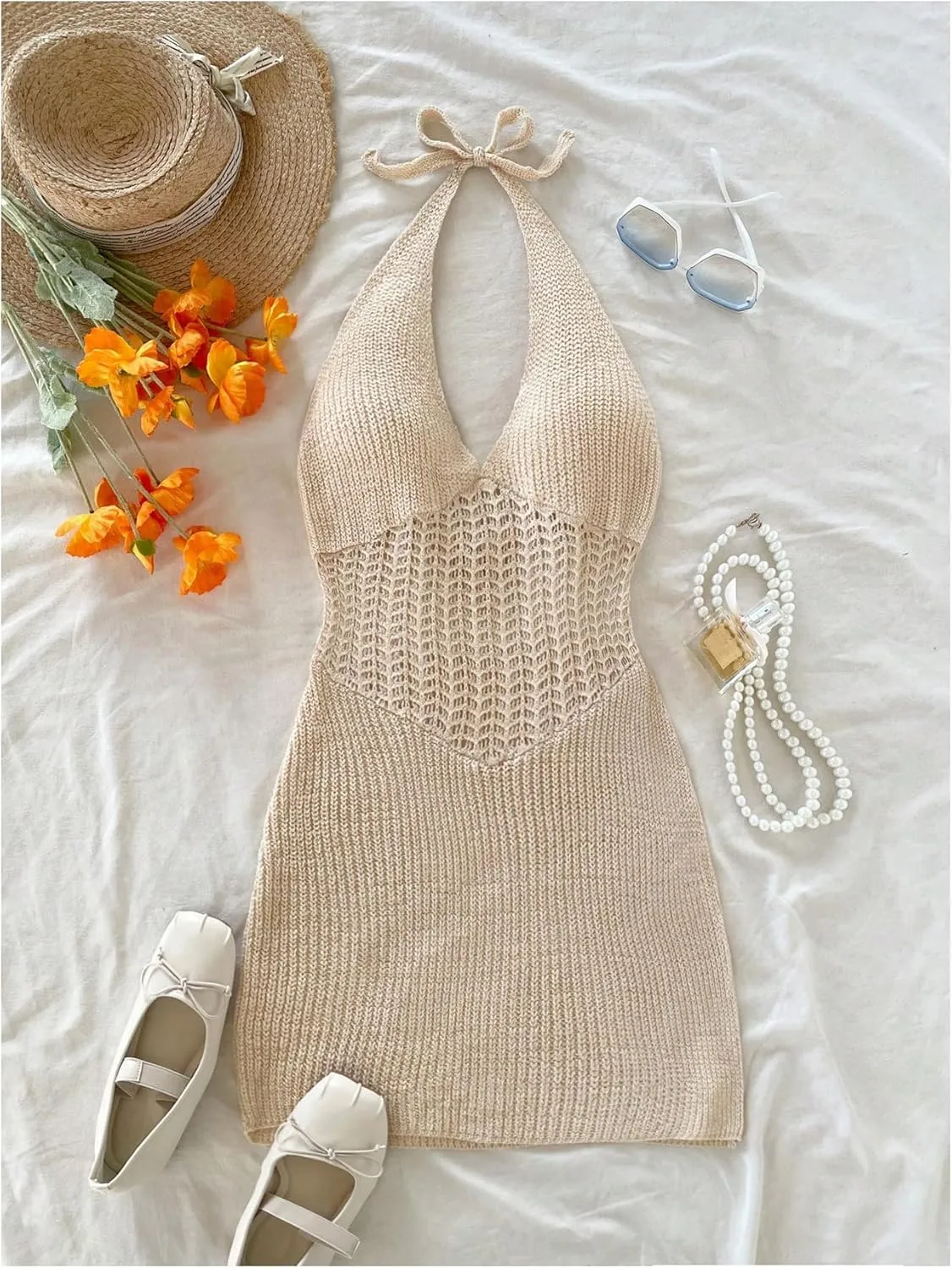 SHENHE Women's Halter Neck Knitted Bodycon Mini Dress Tie Backless Sexy Summer Dress