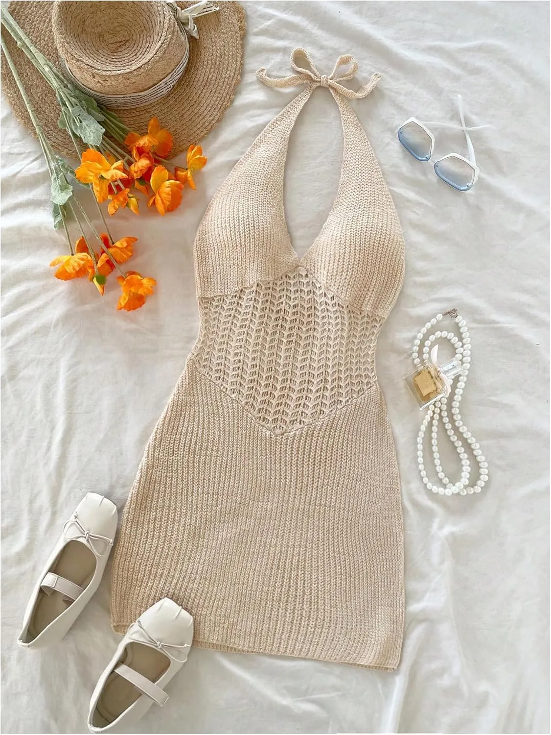 SHENHE Women's Halter Neck Knitted Bodycon Mini Dress Tie Backless Sexy Summer Dress