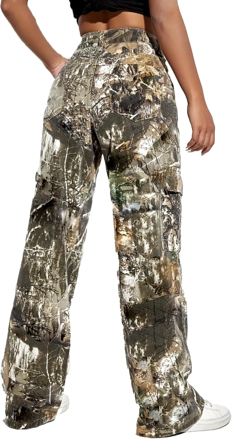 SHINFY Women Camo Cargo Pants Y2K Camouflage Wide Leg Baggy Army Cargo Joggers Sweatpants with Flap Pockets