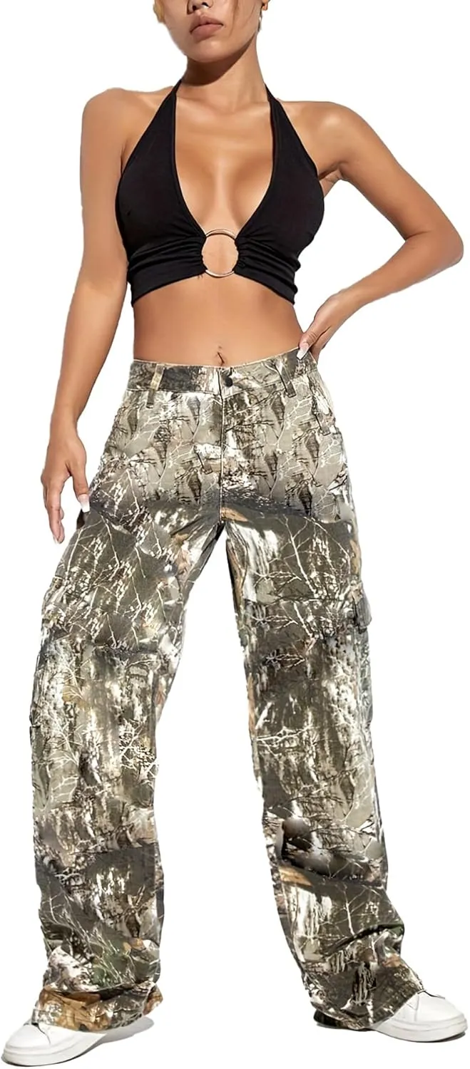 SHINFY Women Camo Cargo Pants Y2K Camouflage Wide Leg Baggy Army Cargo Joggers Sweatpants with Flap Pockets