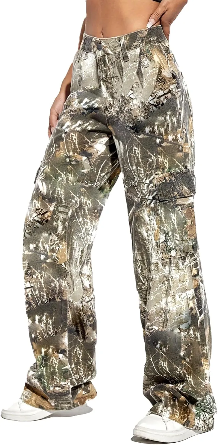 SHINFY Women Camo Cargo Pants Y2K Camouflage Wide Leg Baggy Army Cargo Joggers Sweatpants with Flap Pockets