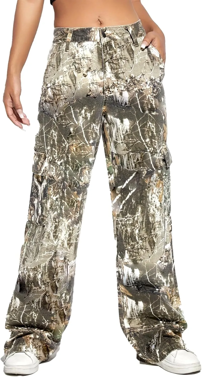 SHINFY Women Camo Cargo Pants Y2K Camouflage Wide Leg Baggy Army Cargo Joggers Sweatpants with Flap Pockets