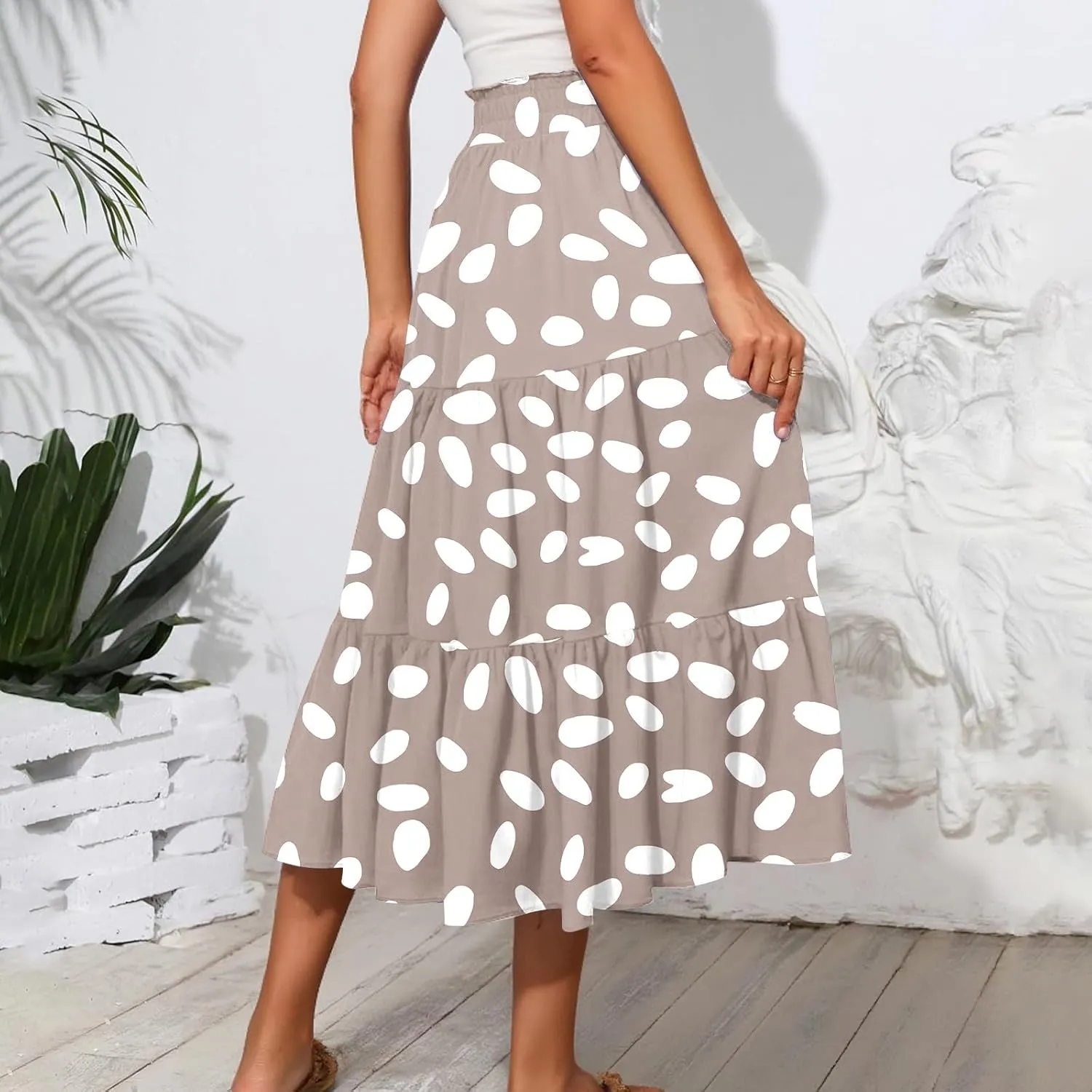 Skirts for Women Summer Plus Size Midi Knee Length Skirt Floral Boho Flowy Pleated Tiered A-Line Skirts with Pockets