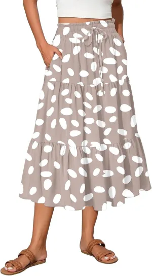 Skirts for Women Summer Plus Size Midi Knee Length Skirt Floral Boho Flowy Pleated Tiered A-Line Skirts with Pockets